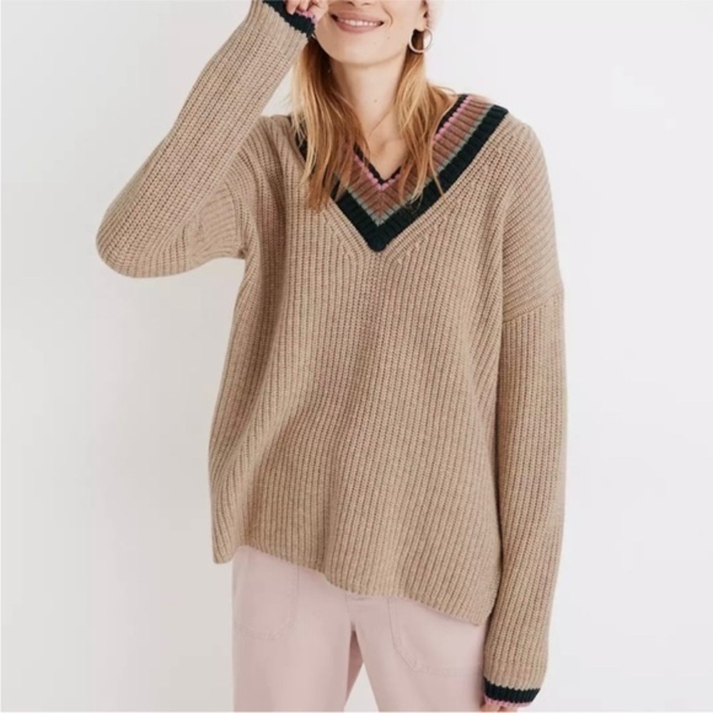 Madewell Tan Sweater with Pink and Green Details